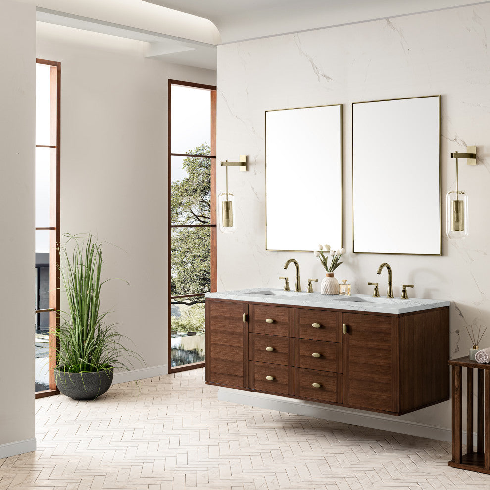 Amberly 30" Single Vanity, Mid-Century Walnut, 60", Ethereal Noctis, Three-Hole