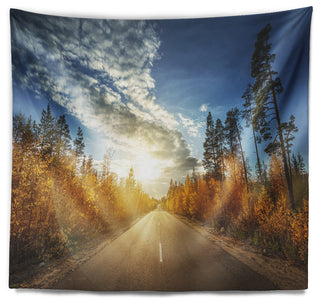 Road in Fall Forest Panorama Landscape Wall Tapestry, 39"x32"