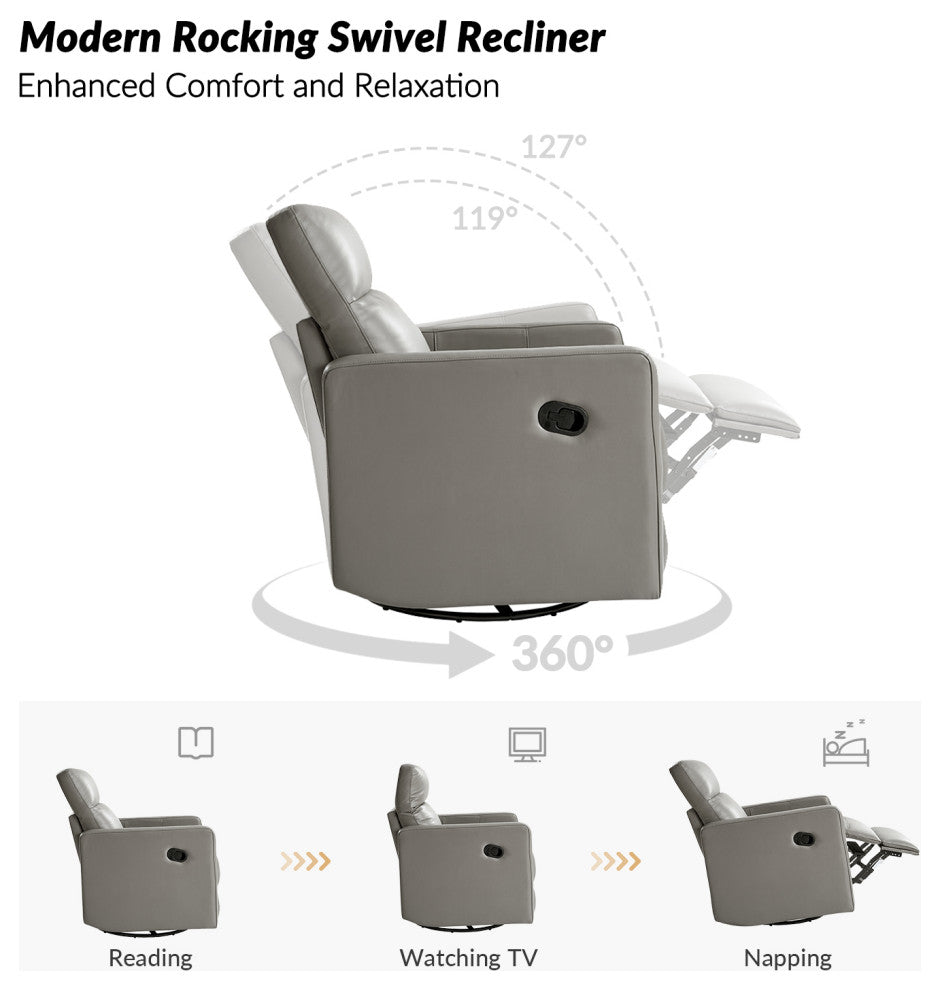 Genuine Leather Swivel Rocker Recliner With Adjustable Headrest, Gray