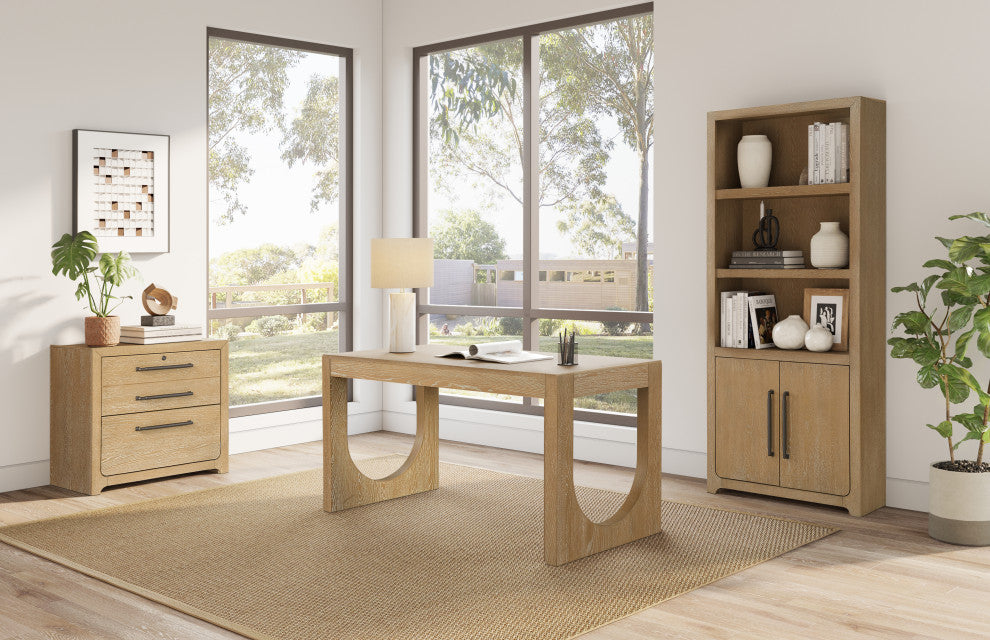 Modern Wood Bookcase With Doors, Office Shelving, Light Brown