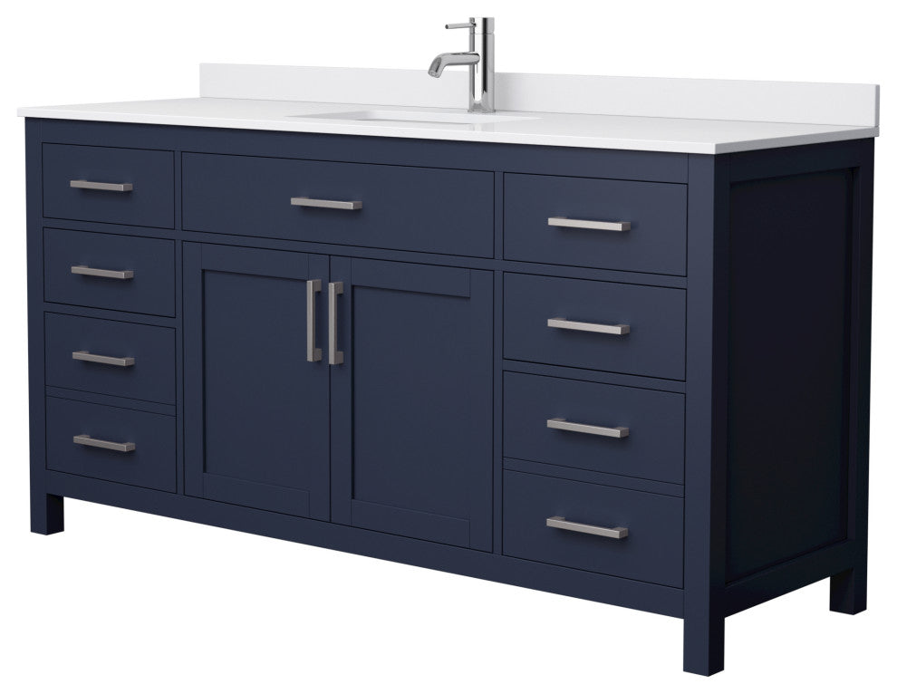 66"SGL Vanity Dark Blue, White Cult. Marble Countertop, Sink, Nickel Trim
