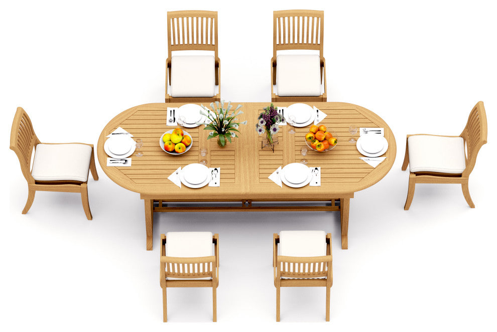 7-Piece Outdoor Teak Dining Set: 94" Masc Oval Table, 6 Arbor Armless Chairs