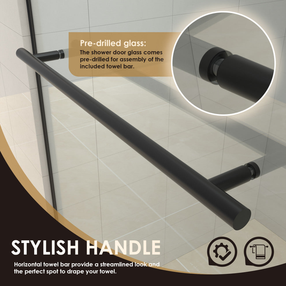 Frameless Exposed Roller Shower Door, Clear Glass, Matte Black, 68" W X 76" H