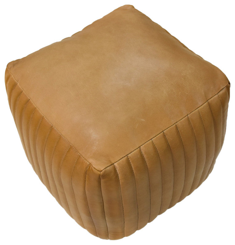 Poufs-Solid Handmade Goat Leather Pouf, Recycled Cotton Fill, Beige, Square 16x16x16