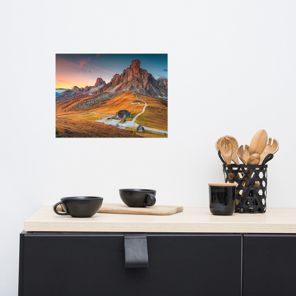 Sunset at Alpine Mountain Pass Rural Landscape Photo Wall Art Print, 12" X 16"