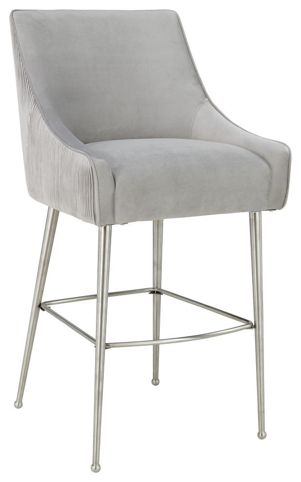 Beatrix Pleated Light Grey Velvet Bar Stool