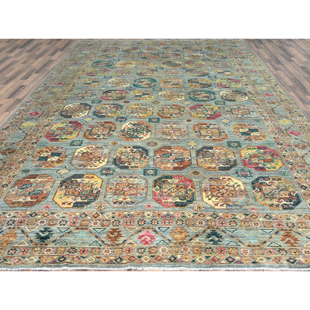 Silver Blue, Afghan Super Kazak Pure Wool Hand Knotted Rug, 9'9"x14'1"