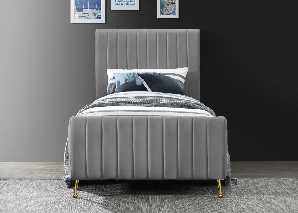 Zara Channel Tufted Velvet Upholstered Bed With Custom Gold Legs, Gray, Twin