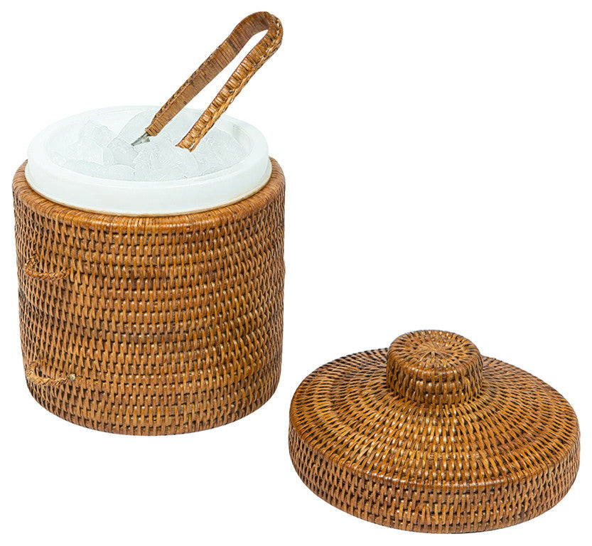 La Jolla Rattan Ice Bucket With Ice Tongs, Honey-Brown