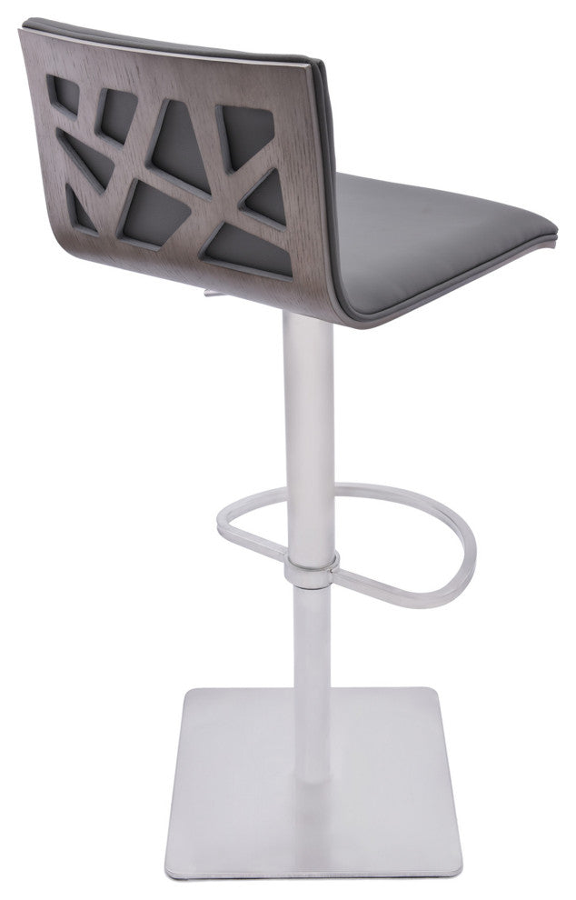 Adjustable Grey Faux Leather Walnut and Stainless Swivel Bar Stool