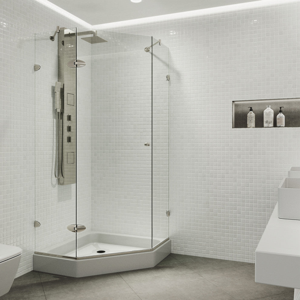 VIGO Verona Frameless Hinged Neo-Angle Shower Enclosure, Brushed Nickel, 40" D X 40" W, High Base