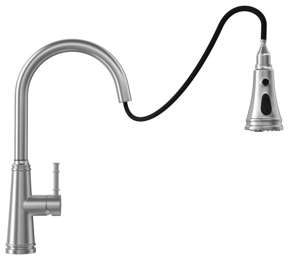 Single Handle Deck Mounted High Arc Pull Out Stainless Steel Kitchen Faucet, Bru