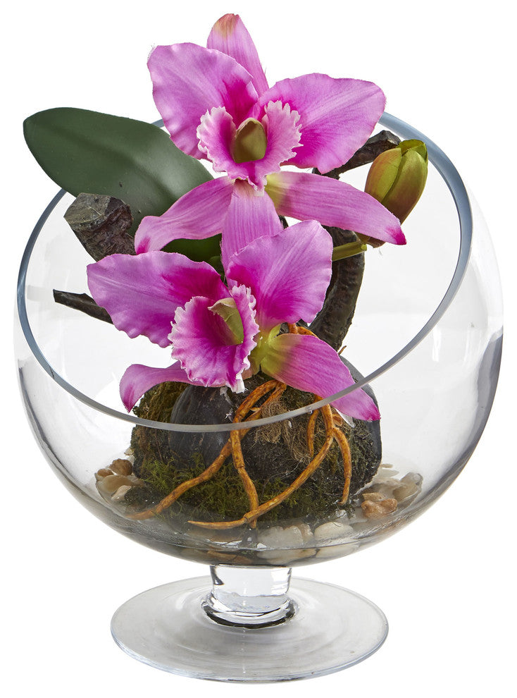 Mini Orchid Cattleya Artificial Arrangement in Pedestal Vase Purple