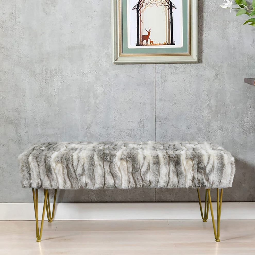 Soft Faux Fur Ottoman Fuzzy Entryway Bench Seat, Gray, 46"x16"x22"