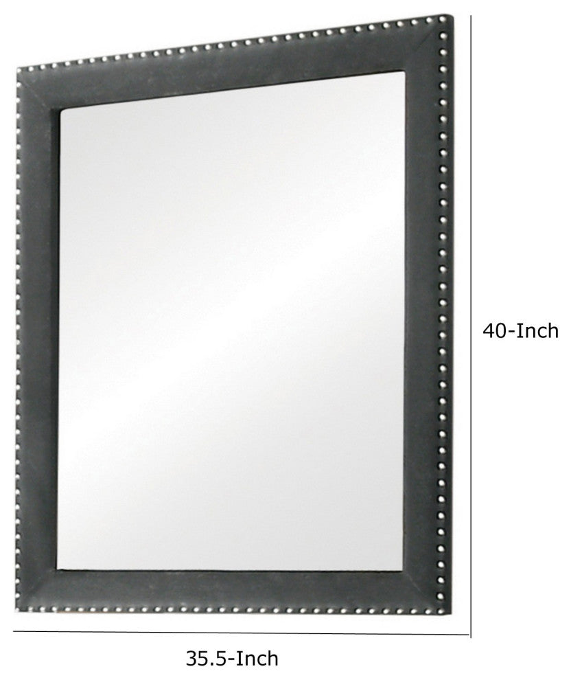 Cale 40 Inch Modern Portrait Mirror, Velvet Upholstery, Nailhead Trim, Gray
