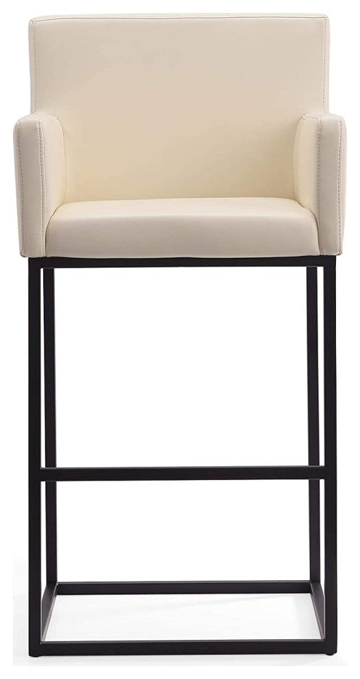 Modern Bar Stool, Metal Frame With Faux Leather Seat and High Back, Cream