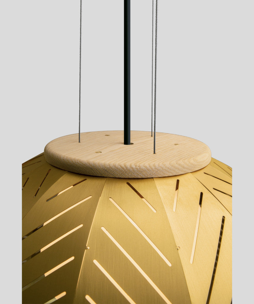 Amicus 21" Pendant, Brushed Brass Shade, White Washed Oak, Warm Led