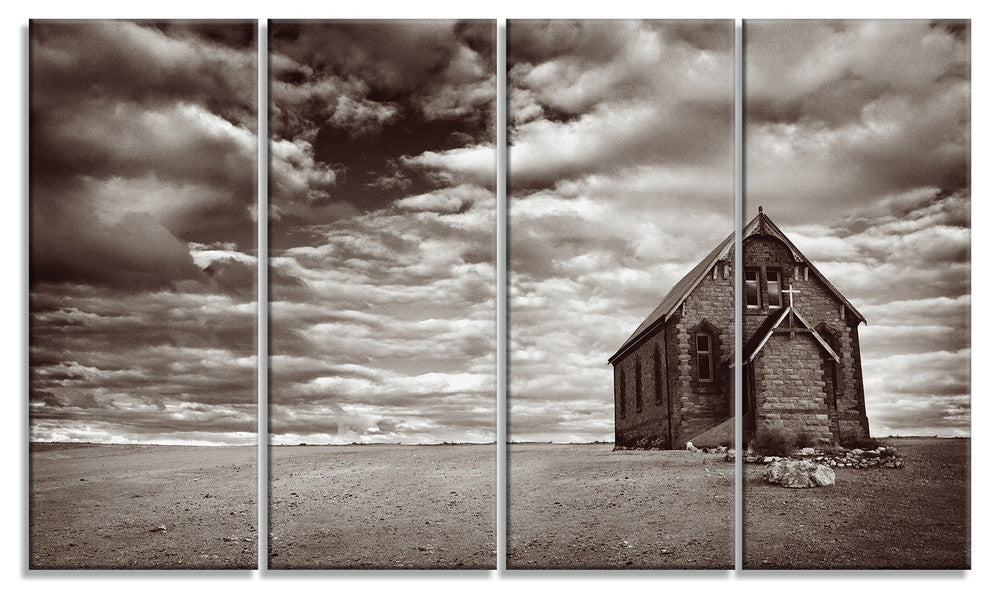 Abandoned Desert Church, Landscape Canvas Art Print, 48"x28", 4 Panels