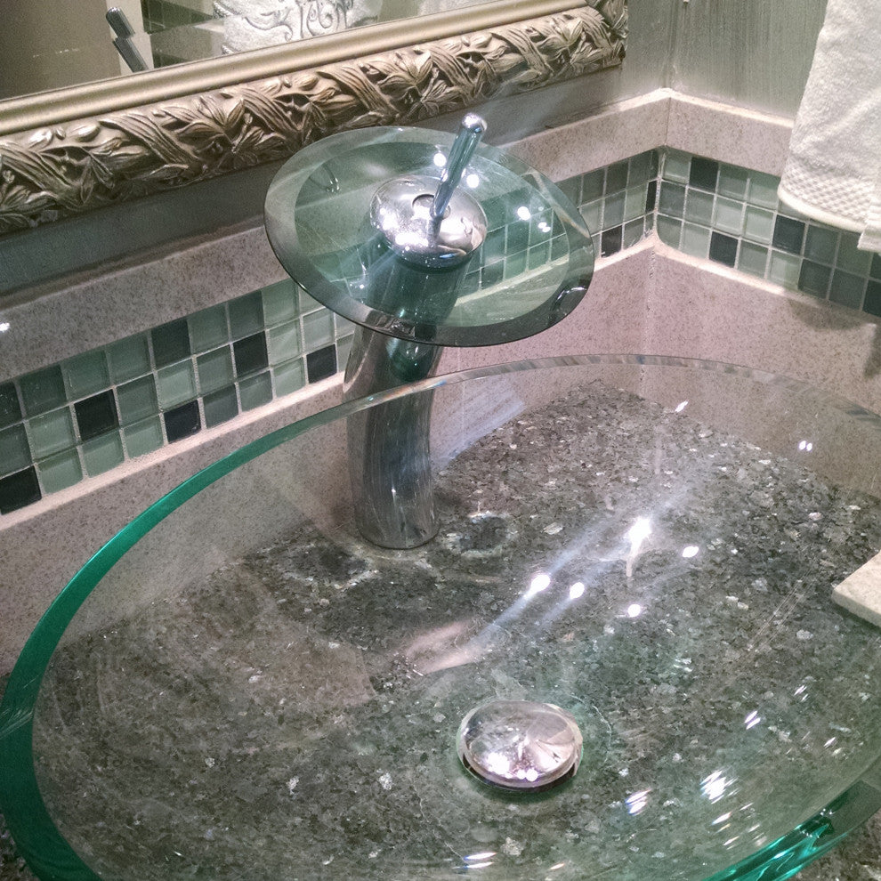Chiaro Clear Oval Tempered Slipper Glass Vessel Bath Sink and Drain, Brushed Nickel