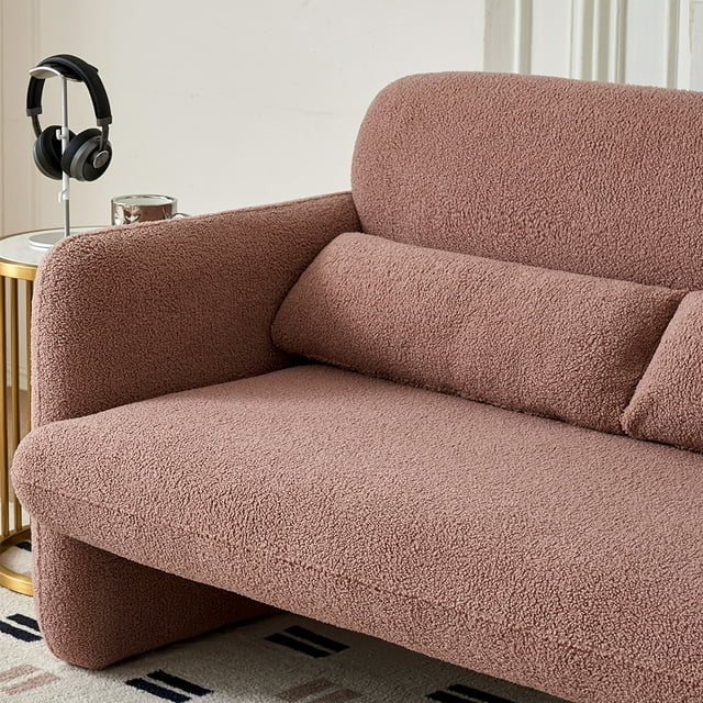 59" Modern Sherpa Loveseat Sofa, Lambswool Upholstered Seat, Dark Pink