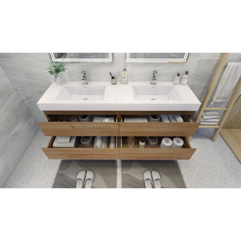 84" Double Sink Wall Mount Vanity, Acrylic Sink, Natural Oak
