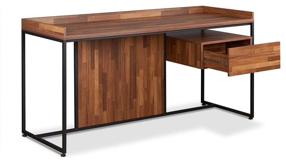 Spacious Desk, Sled Metal Base and Rectangular Top With Raised Edges, Walnut