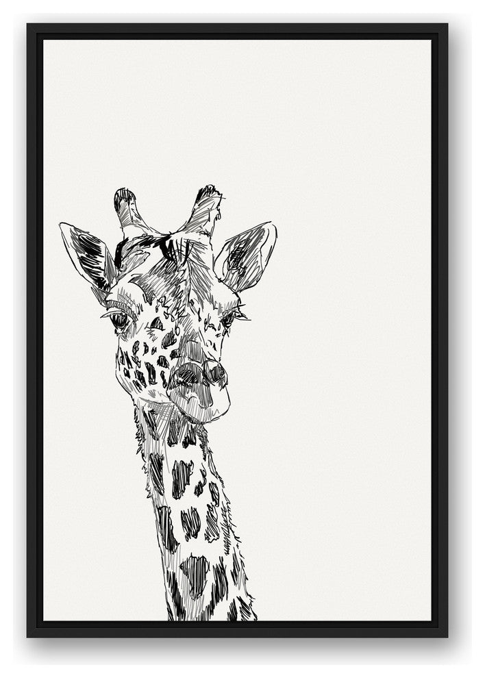 "Giraffe Sketch" Black Floating Framed Canvas, 20"x30"