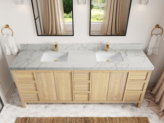 Elizabeth Oak 84" Double Sink Vanity, White 2" Venatino Quartz