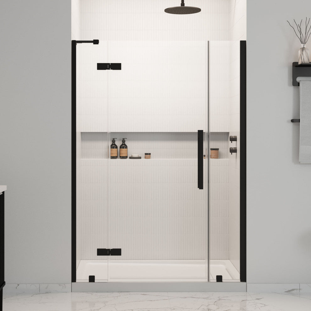Tampa Alcove Frameless Pivot Hinge Shower Door Kit With Base Pan, Black, 54x36"