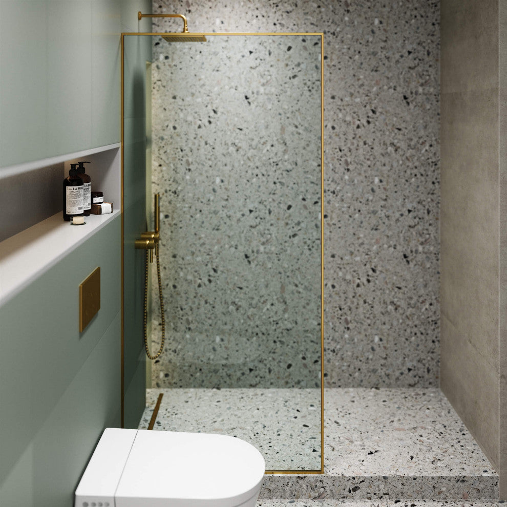 Single Fixed Glass Shower Panel - Clear Tempered Full Frame Shower Glass Door, Satin Brass, 34"