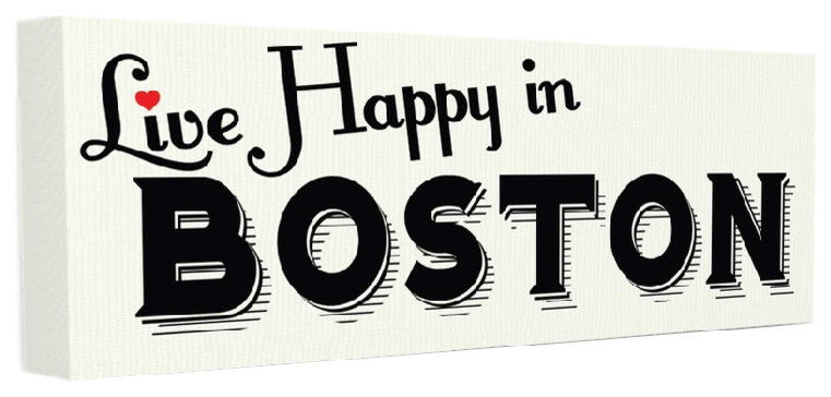 Live Happy In Boston Red Heart Typography Stretched Canvas Wall Art,, 13"x30", C