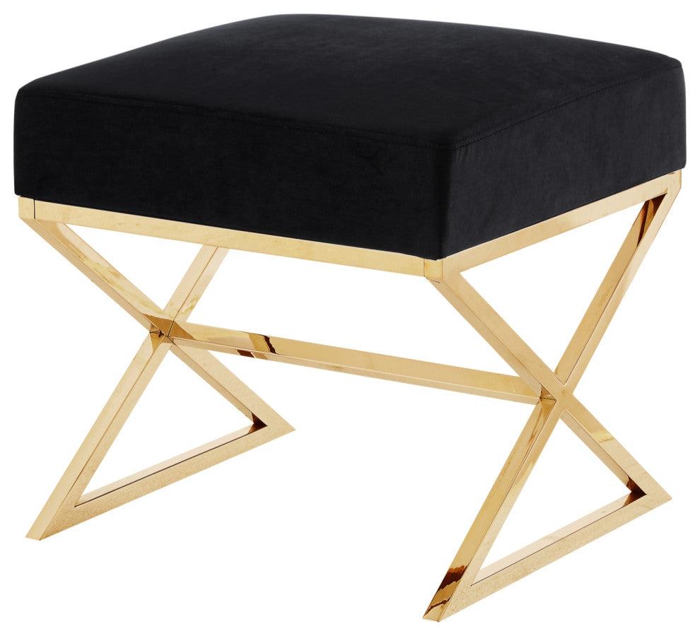 Oria Velvet X-Leg Chrome or Gold Base Ottoman, Black/Gold