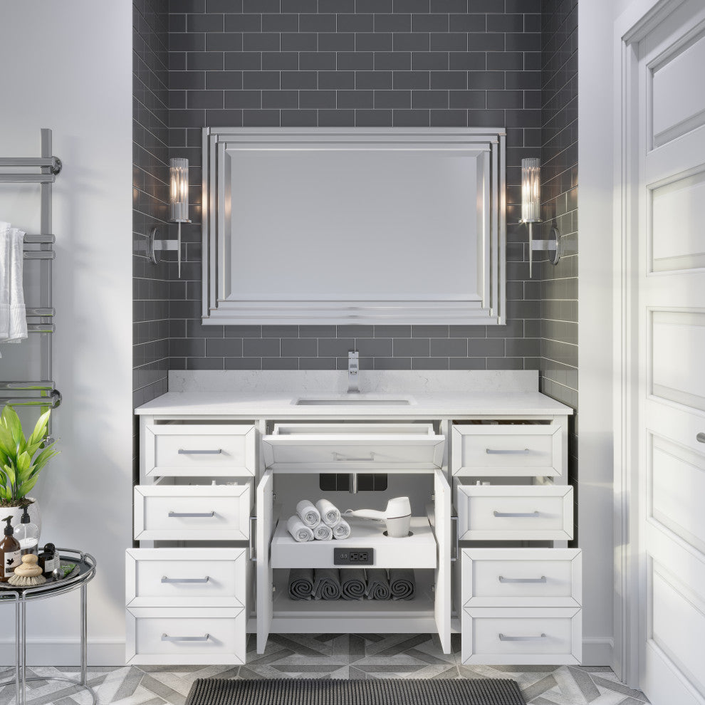 Terrence 60" Vanity with Power Bar and Drawer Organizer, White