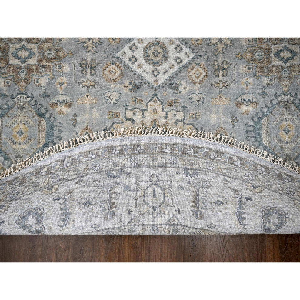 Blue Gray Hand Knotted Karajeh Design Wool Round Oriental Rug, 8'10"x9'