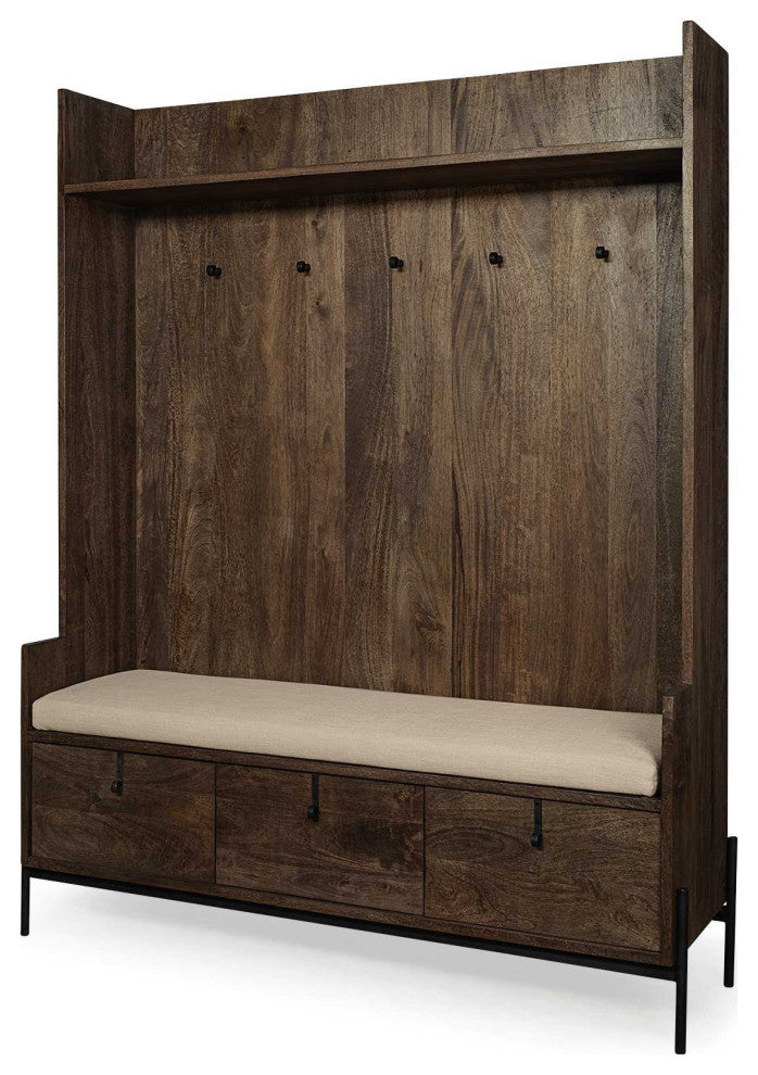 Brown Wood Cream Fabric Wrapped Seat Hall Tree With Storage