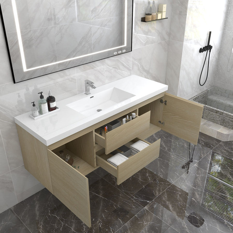 BTO 60" Wall Mounted Bath Vanity With Reinforced Acrylic Sink, Single Sink, White Oak