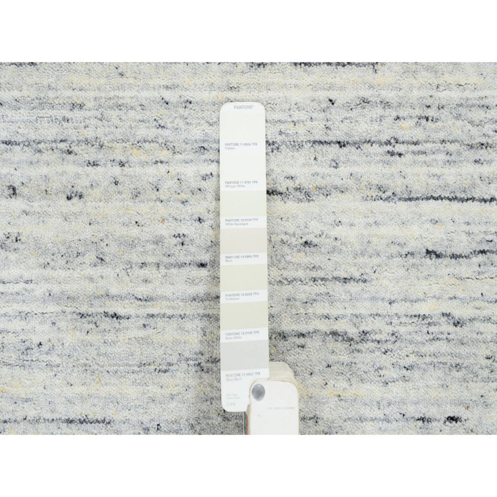 Ivory Soft Wool Hand Loomed Plain Modern Striped Design Square Rug, 6'0"x6'0"