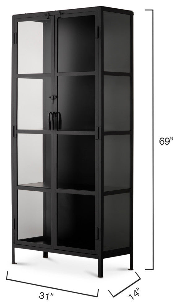 Union Tall Curio Cabinet, Black Iron and Clear Glass