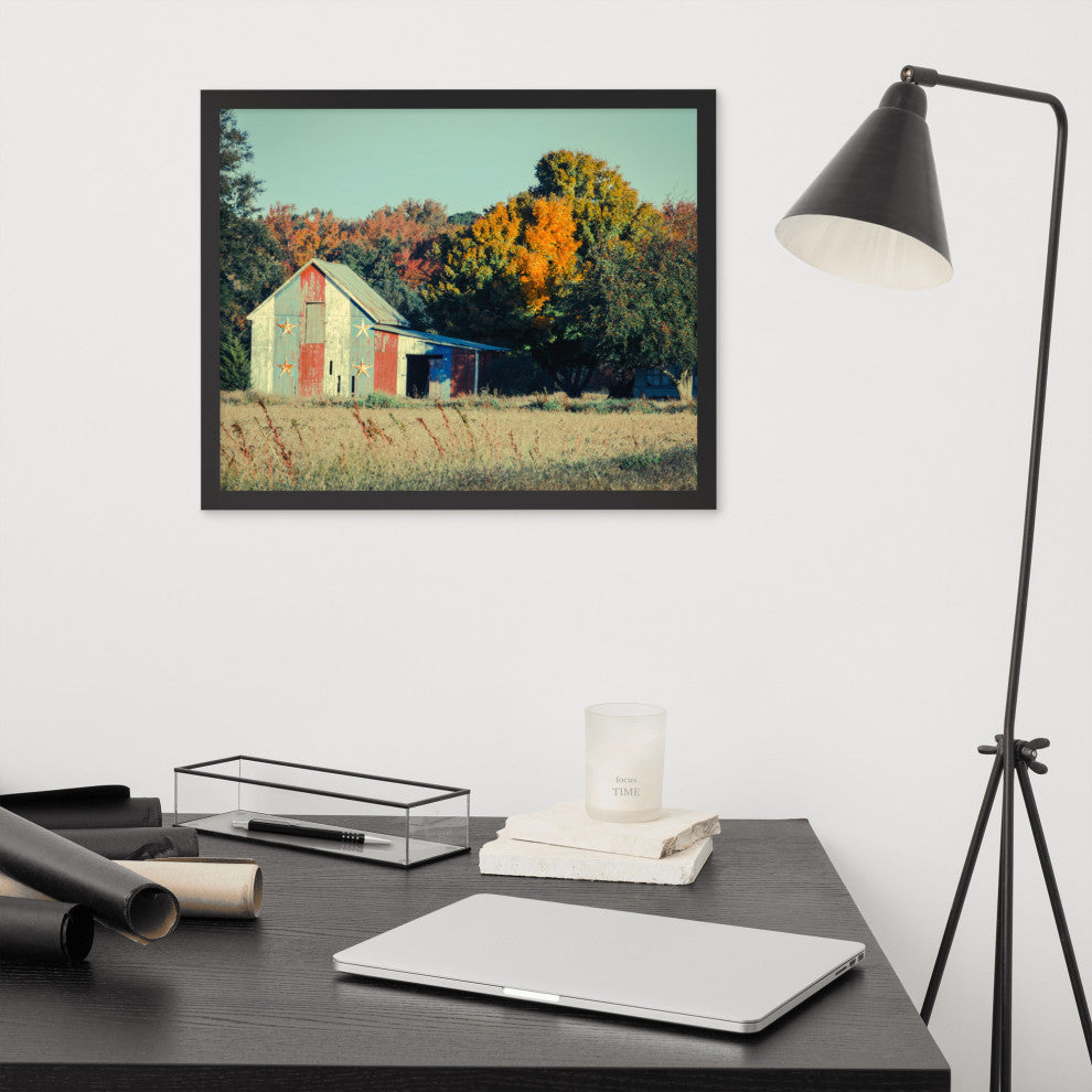 Patriotic Weathered Barn in Field Cross Processed Framed Photo Wall Art Prints, Black, 16" X 20"