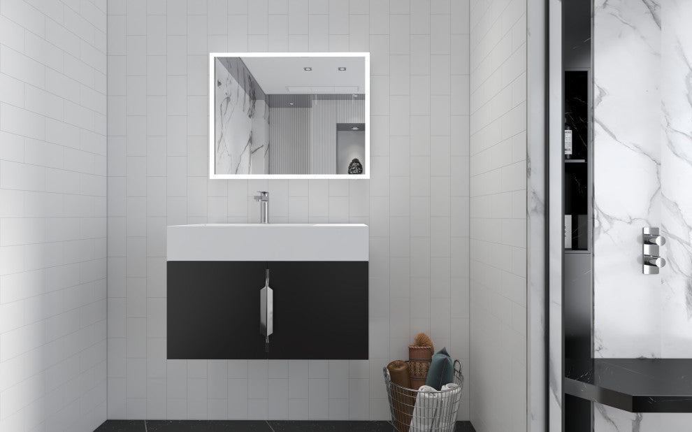 CastelloUSA Amazon 30" Left Wall Mounted Bathroom Vanity Set, Black, White Top, Chrome Handles
