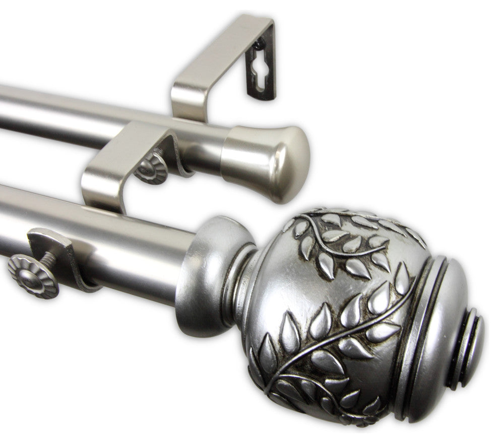 Frond 1" Double Curtain Rod, Black, Satin Nickel, 66"-120"