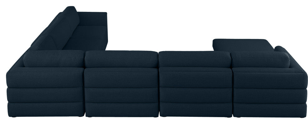 Beckham Linen Textured Fabric 7-Piece Modular U-Shaped Sectional, Navy