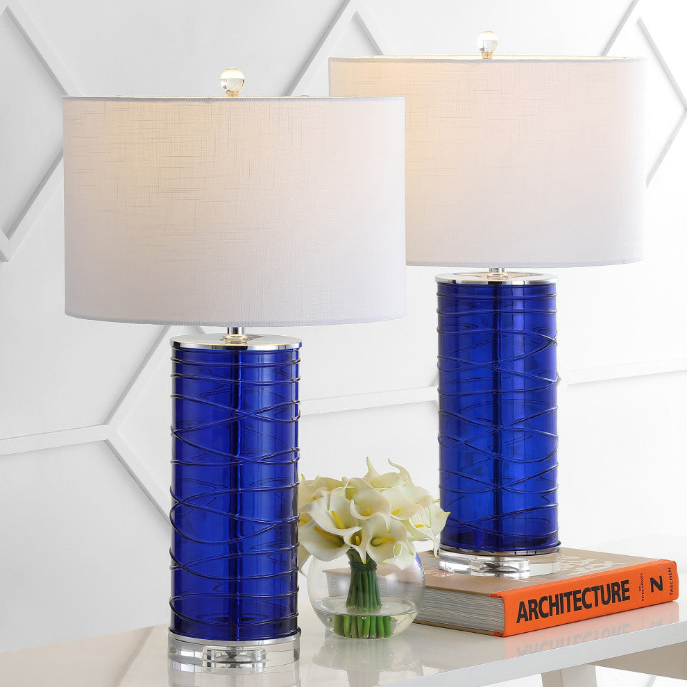 Cole 27.5" Fused Glass Cylinder LED Table Lamp, Set of 2, Cobalt