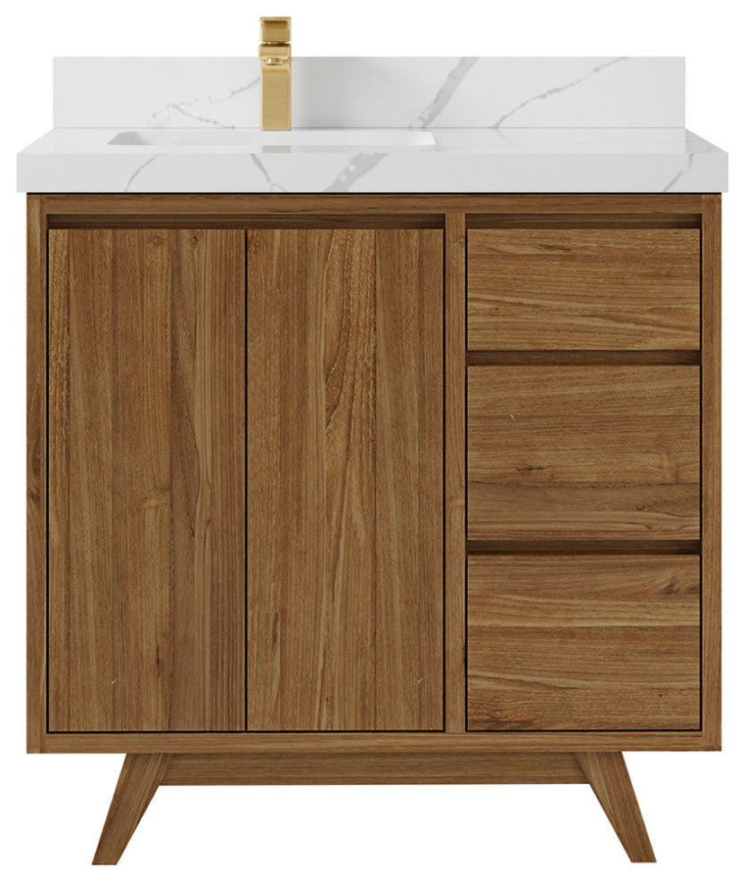 Madison Teak 36 Left Offset Bath Vanity in Dark Natural 2" Calacatta Laza