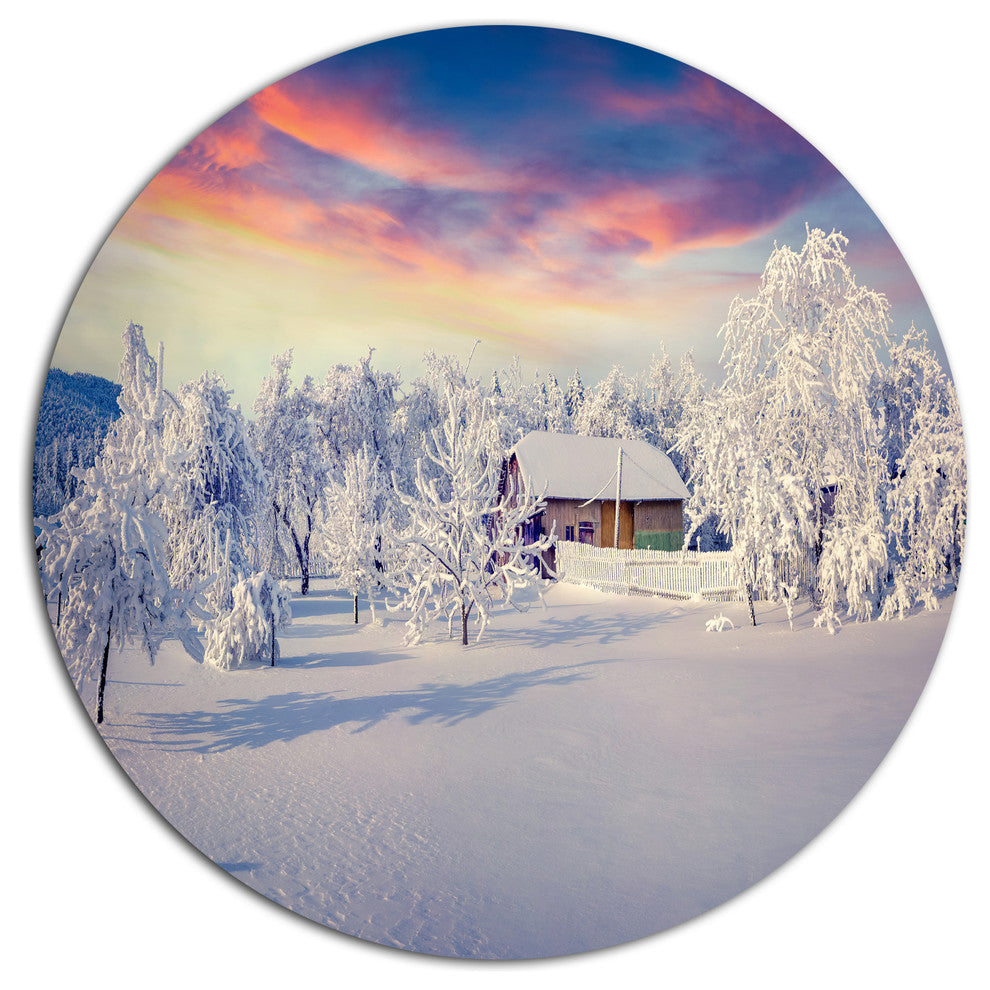 Snowfall Covering Trees And Houses, Landscape Disc Metal Artwork, 11"
