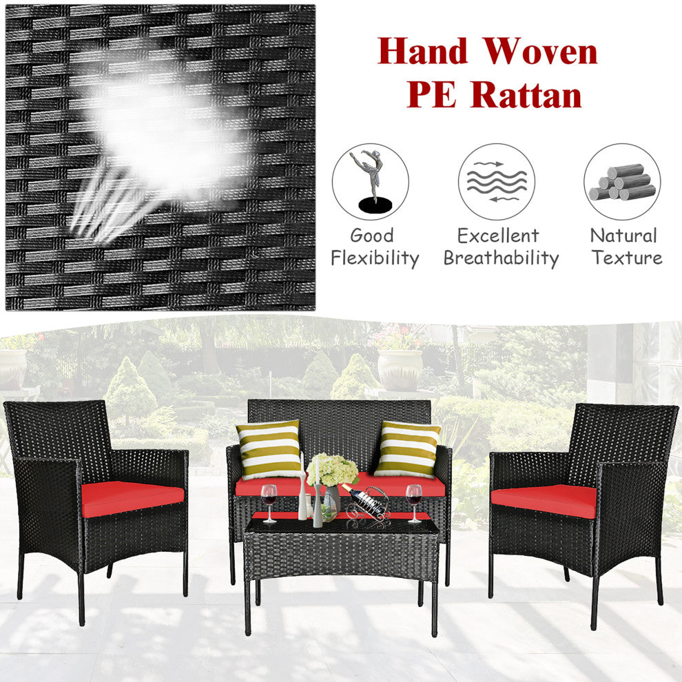 Costway 4PCS Patio Rattan Furniture Set Cushioned Sofa Coffee Table Red