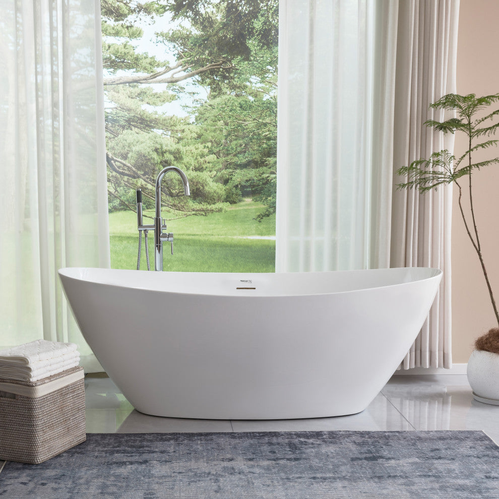 Vanity Art 71" x 33" Acrylic Freestanding Soaking Bathtub, White/Integrated Overflow