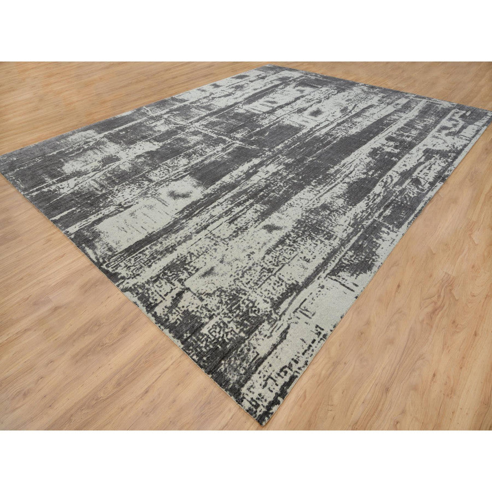 Black, Modern Design, Wool and Silk, Hand Loomed, Oversized, Rug, 12'0" x 15'0"