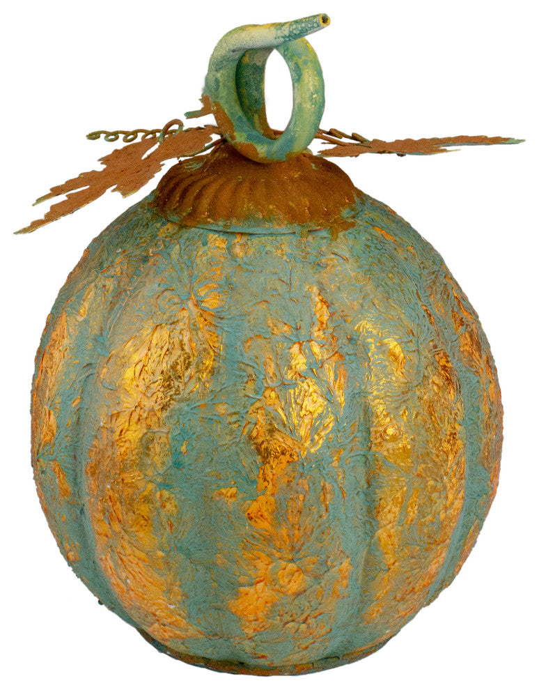 12.25" Orange and Green Autumn Pumpkin Tabletop Decor- Metal