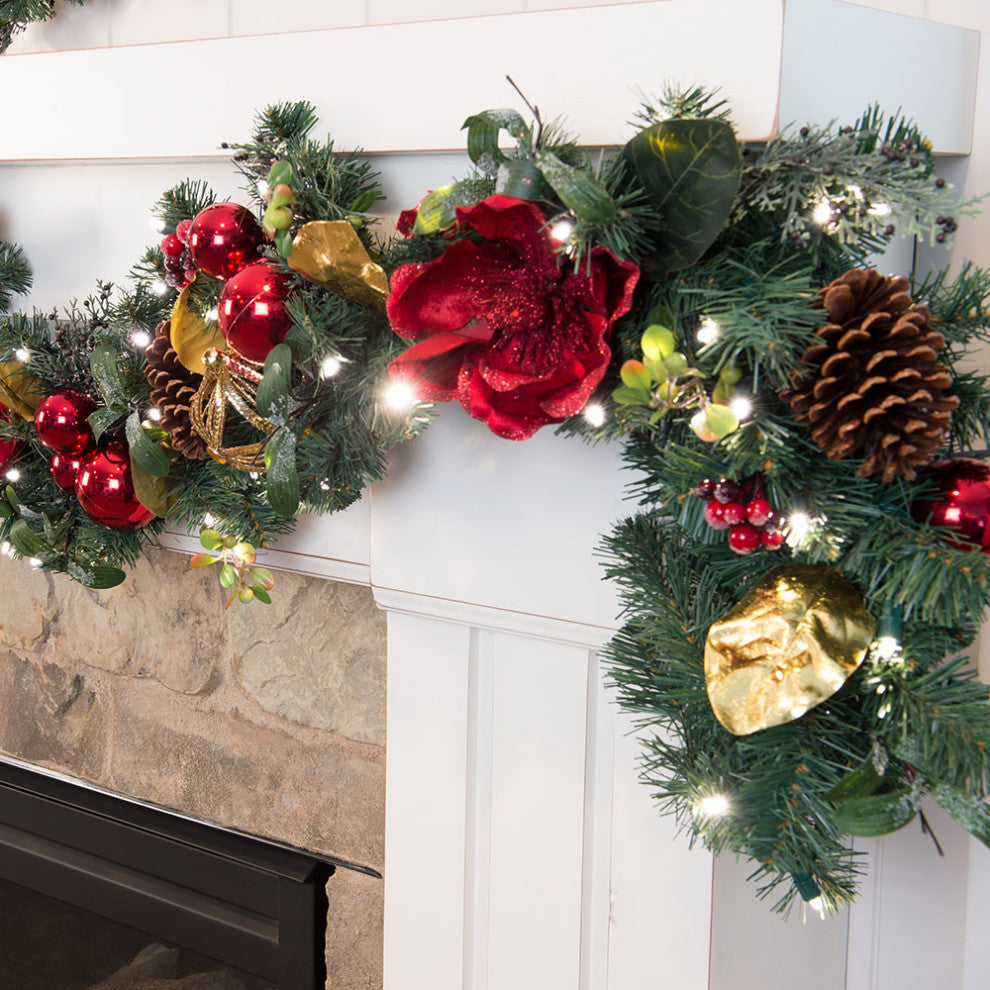 9' Artificial Christmas Garland With Lights Red Magnolia
